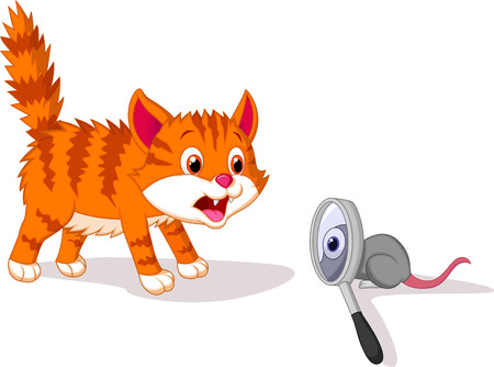 Cartoon Cat afraid of mouse with magnifying glass のイラスト素材