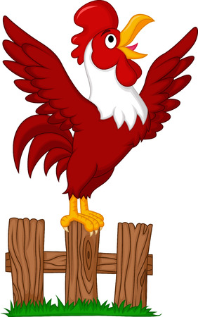 Cute rooster cartoon crowing on the fence のイラスト素材