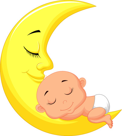 Cute baby cartoon sleeping on the moon のイラスト素材