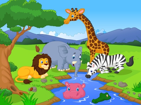 Cartoon Savannah scenery with animals and waterhole のイラスト素材