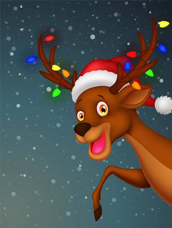 Cute deer cartoon with bulb and red hat のイラスト素材