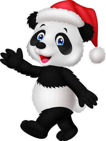 Panda cartoon wearing red hat waving hand のイラスト素材