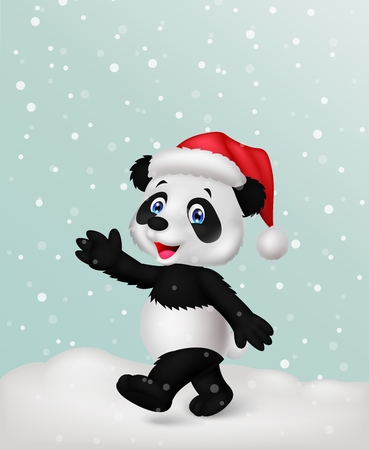 Panda cartoon wearing red hat waving hand のイラスト素材