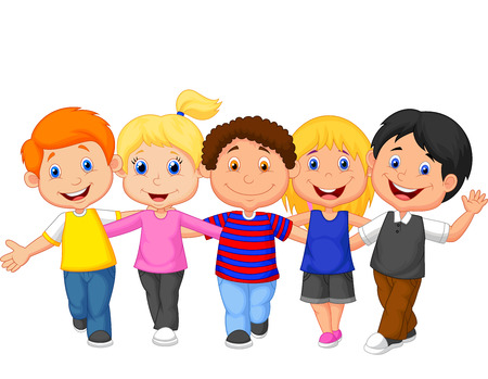 Happy kid cartoon walking togetherのイラスト素材