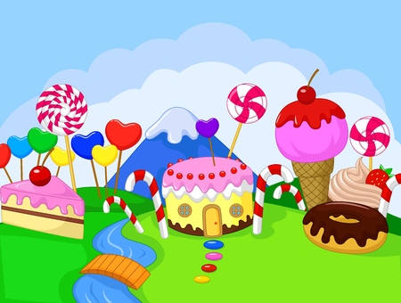 Happy children cartoon in the fantasy sweet land のイラスト素材