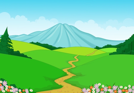 Beautiful green landscape cartoon background のイラスト素材
