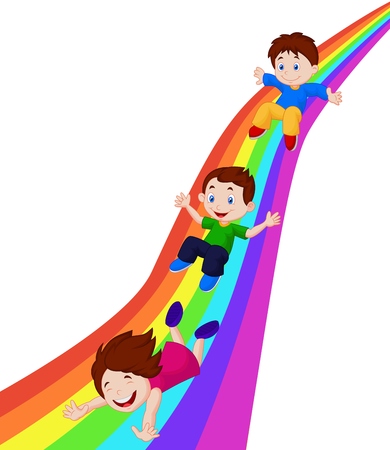 Kids cartoon Sliding Down a Rainbowのイラスト素材