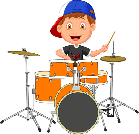 Little boy cartoon playing drum のイラスト素材