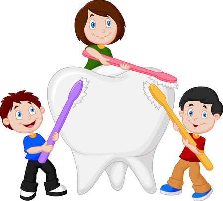 Cartoon Kids brushing white toothのイラスト素材