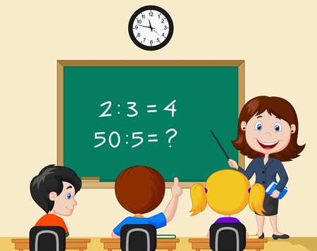 Cartoon Teacher pointing at blackboard and looking at schoolkids in classroomのイラスト素材