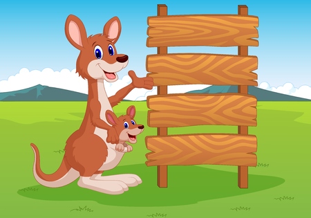 Cartoon Kangaroo and wooden signのイラスト素材