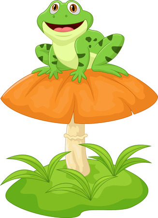 Funny frog cartoon sitting on mushroomのイラスト素材