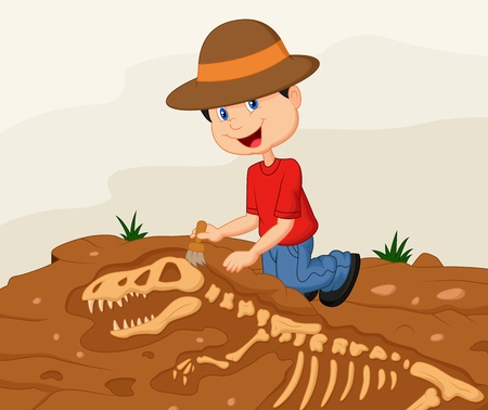 Child archaeologist excavating for dinosaur fossilのイラスト素材