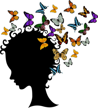 Abstract young girl face silhouette in profile with butterflyのイラスト素材