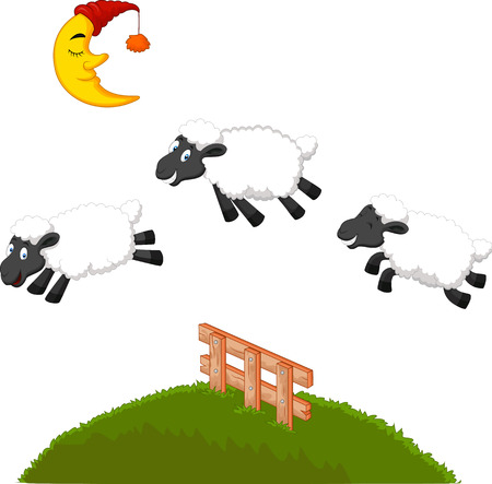 Three Funny Sheep cartoon Jumping Over A Fenceのイラスト素材
