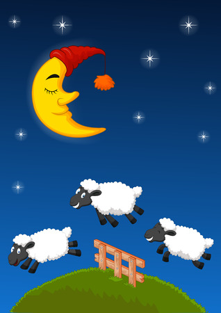 Three sheep Cartoon jumping over the fence.のイラスト素材