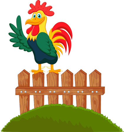 Cute rooster cartoon crowing on the fenceのイラスト素材