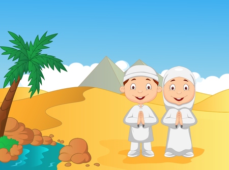 Cartoon Muslim kids with pyramid backgroundのイラスト素材
