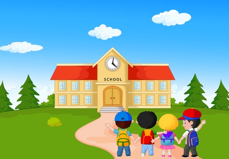 Happy young children cartoon walking together to school Happy young children cartoon walking together to school