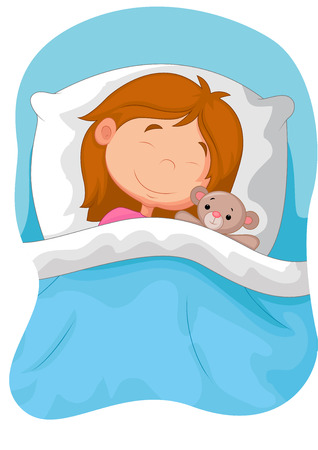 Cartoon girl sleeping with stuffed bearのイラスト素材