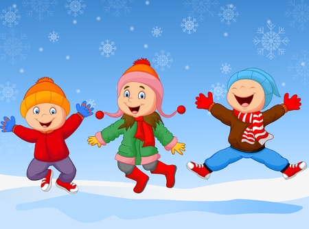 Cartoon children jumping together in wintertimeのイラスト素材