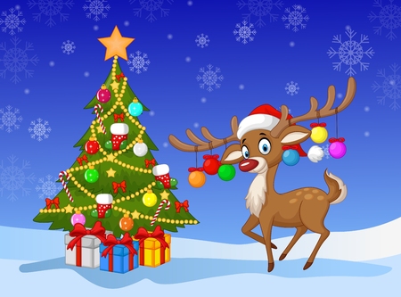 Cartoon deer standing next to Christmas treeのイラスト素材