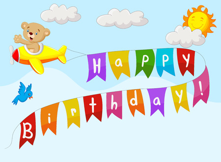 Birthday background with bear cartoon on planeのイラスト素材