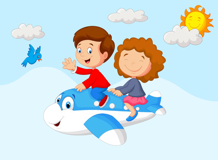 Cartoon Kids Going on a Joyride in a Mini Planeのイラスト素材