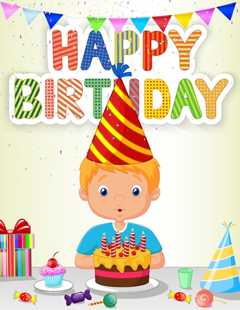 Little boy cartoon blowing birthday candleのイラスト素材