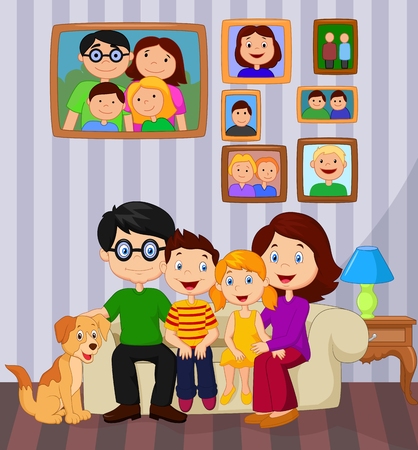 Happy family cartoon sitting on sofaのイラスト素材