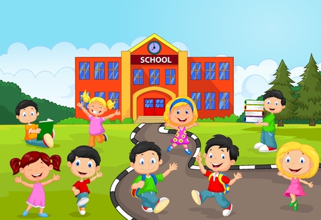 Happy school children cartoon in front of school Happy school children cartoon in front of school