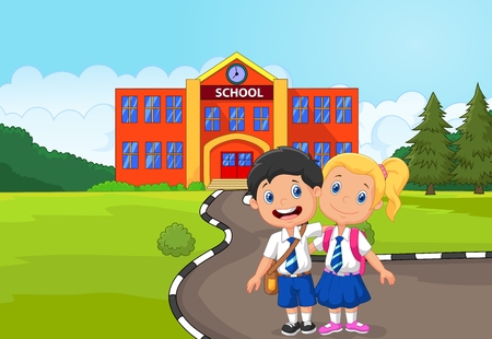 Two happy students cartoon standing in front of school building