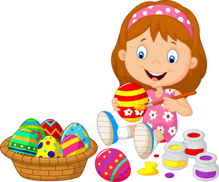 Little girl cartoon painting an Easter eggのイラスト素材