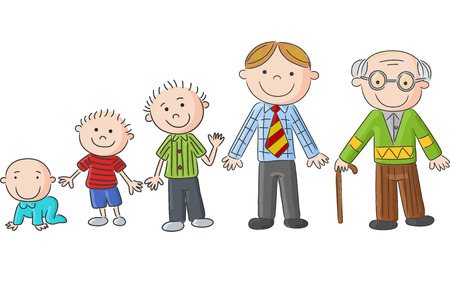 Aging people Men at different ages. Hand drawn cartoon men