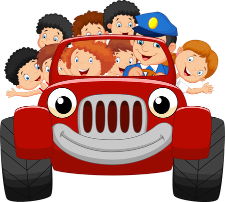 Cartoon little kid happy with red carのイラスト素材