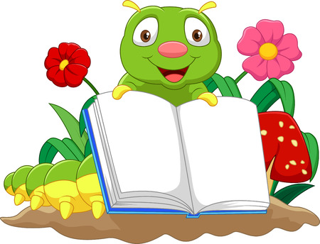 Cartoon cute caterpillar holding bookのイラスト素材