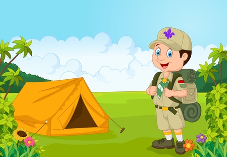 Cartoon little boy scout with tentのイラスト素材