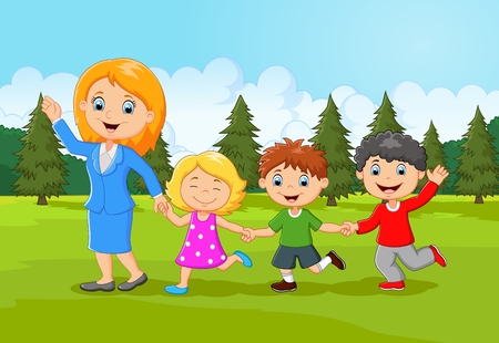 Cartoon happy family in the forestのイラスト素材