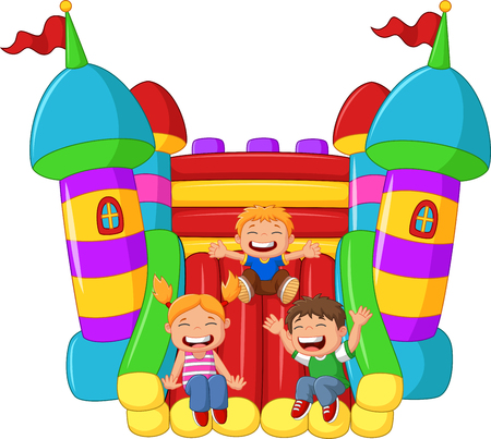 cartoon little kid playing slide on the inflatable balloonのイラスト素材