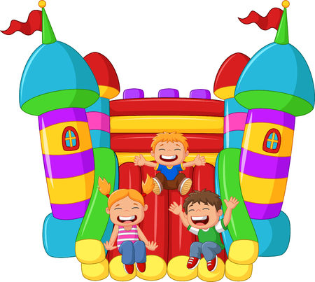 cartoon little kid playing slide on the inflatable balloon