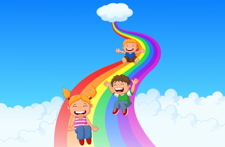Cartoon little kids playing slide rainbowのイラスト素材