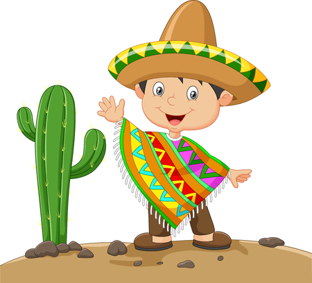 illustration of Cartoon boy wearing Mexican dress on nature cactus backgroundのイラスト素材
