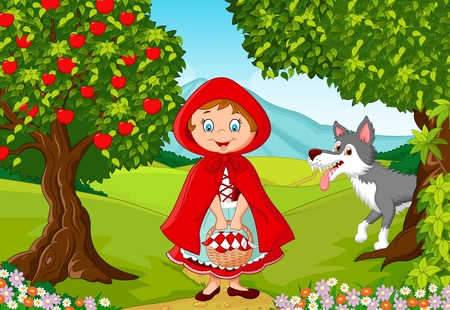 illustration of Little Red Riding Hood meeting with a wolfのイラスト素材