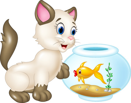 Vector illustration of Curious cat playing with swimming fish isolated on white backgroundのイラスト素材