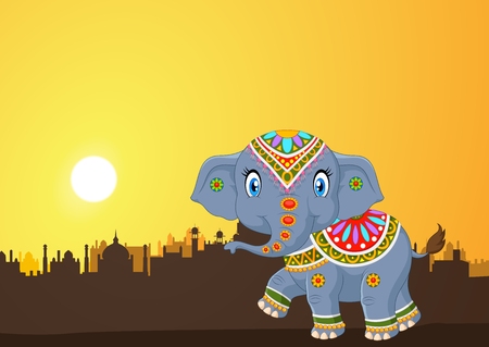 Vector illustration of Cute elephant mascot wearing traditional costume on the sunset backgroundのイラスト素材