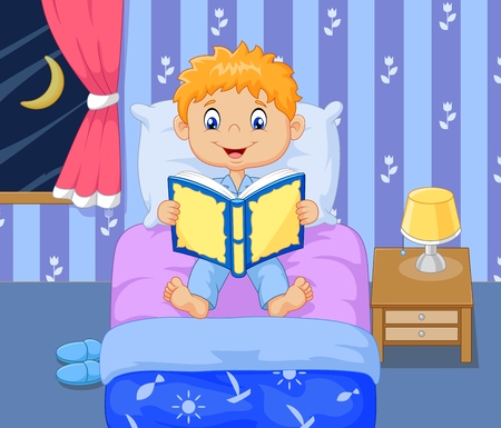 Vector illustration of Cartoon lttle boy reading bed time storyのイラスト素材