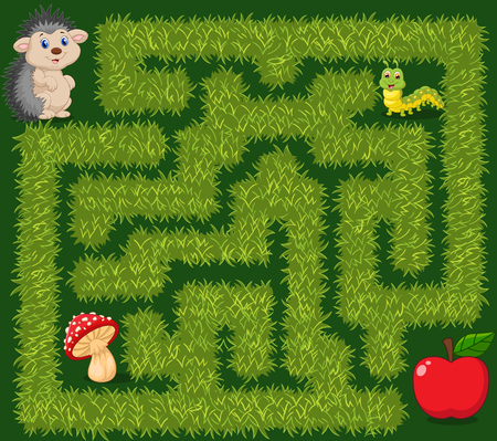 Vector illustration of Help hedgehog to find way to apple fruit in the grass maze gameのイラスト素材