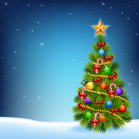 Vector illustration of decorated Christmas tree on a night sky backgroundのイラスト素材