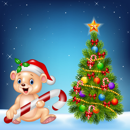 Vector illustration of Cartoon happy bear with Christmas tree on a night sky backgroundのイラスト素材