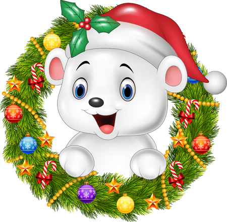 Vector illustration of Cute baby polar bear holding Christmas Wreath with ribbons, balls and bowのイラスト素材